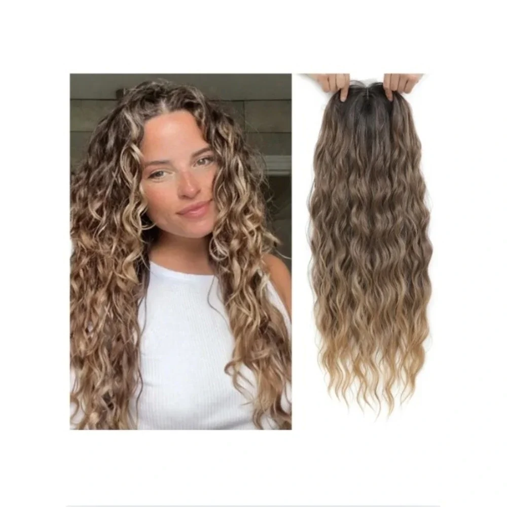 Molefi 26in Curly Hair Topper with Bangs Ombre Brown Wavy Synthetic Hairpiece